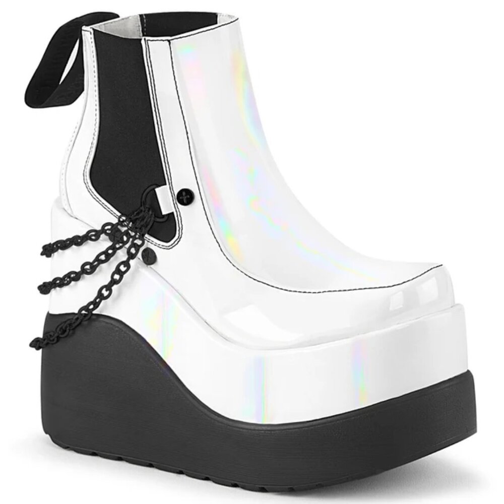 VOID 50 Demonia Wedge 5" Tiered Platform Ankle Boot White Holo NWT